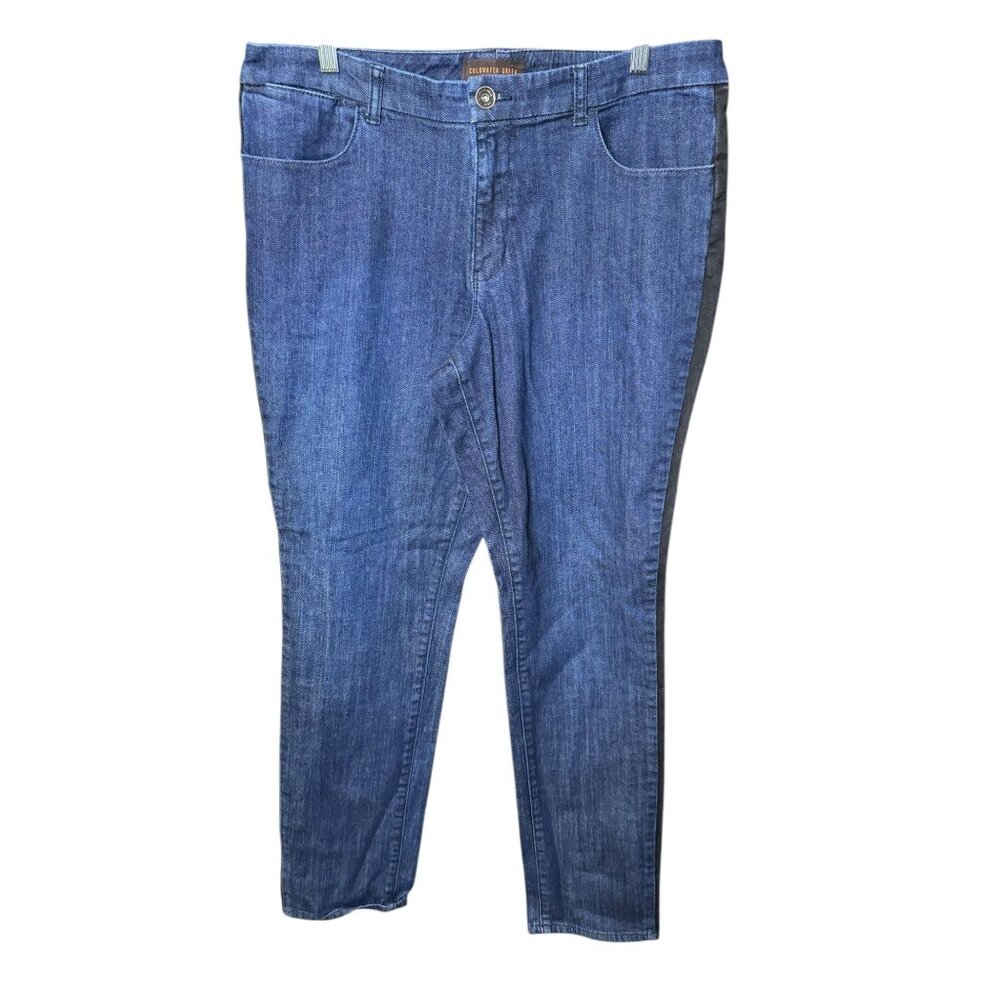 Coldwater Creek Medium Wash Straight Leg Jeans With Black Side Stripe Denim Pant